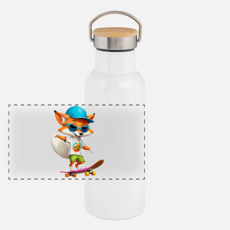 Fuchs Skateboarder Taco Panorama Thermosflasche mit Bambusdeckel