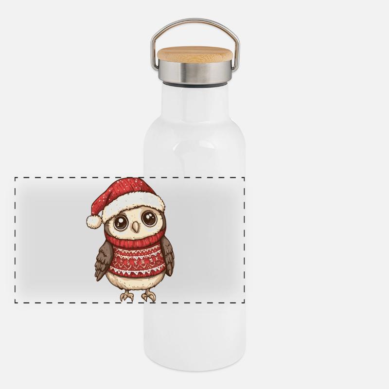 Eule Weihnachten Panorama Thermosflasche mit Bambusdeckel