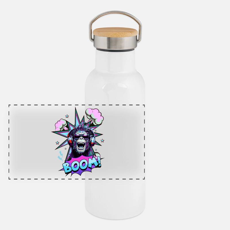 Neon Affe mit Kopfhörern BOOM! - Musik-Design Panorama Thermosflasche mit Bambusdeckel