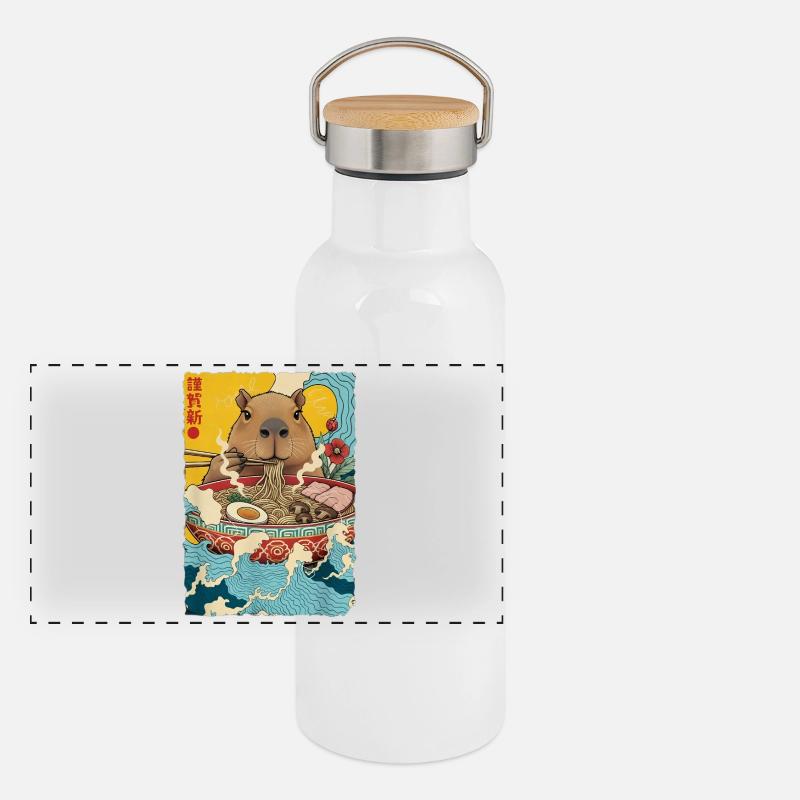 Capybara isst Ramen Nudeln Panorama Thermosflasche mit Bambusdeckel