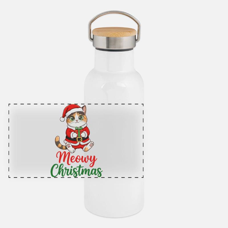 Miau-Weihnachts-Weihnachtskatze - Panorama Thermosflasche mit Bambusdeckel - Weiß