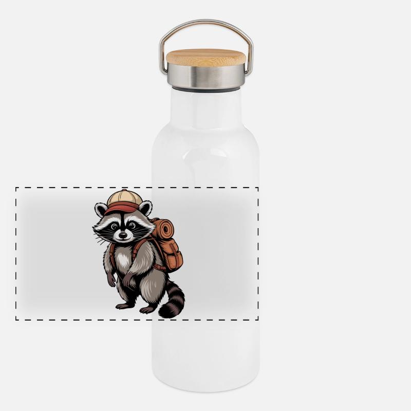 Waschbär Trekking-Design Panorama Thermosflasche mit Bambusdeckel