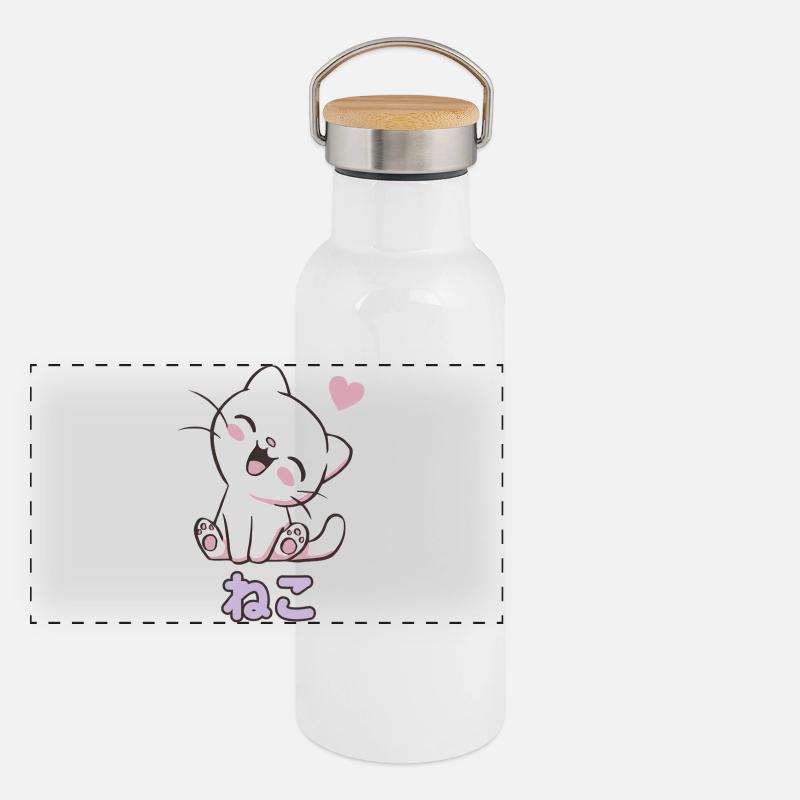 Neko Kuschelkatze Herzchen Panorama Thermosflasche mit Bambusdeckel