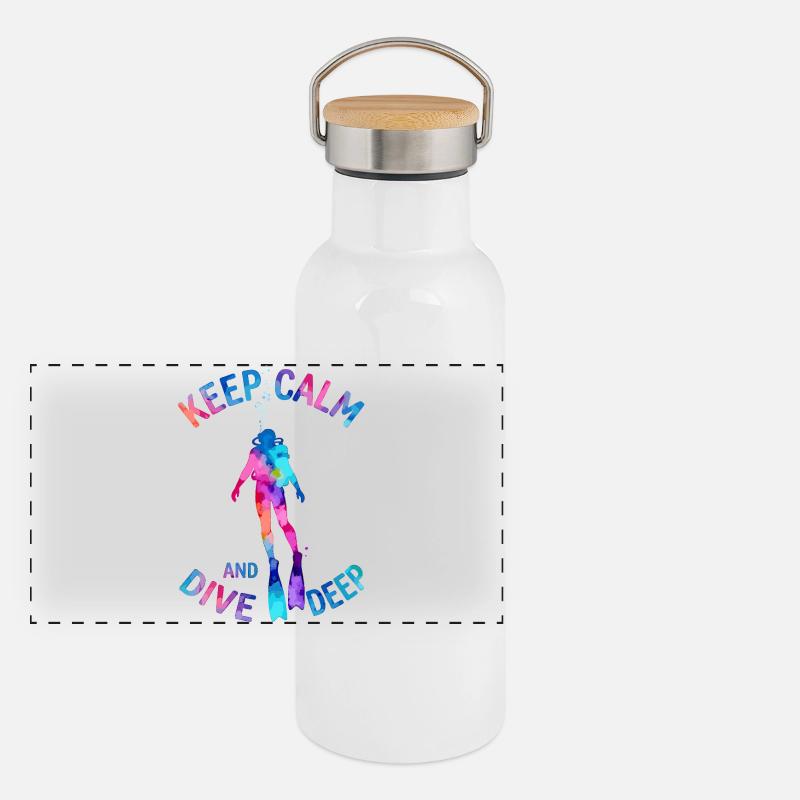 Keep Calm Dive Deep Bunter Taucher Panorama Thermosflasche mit Bambusdeckel