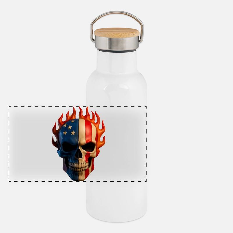 Flammende Flagge Schädel Panorama Thermosflasche mit Bambusdeckel