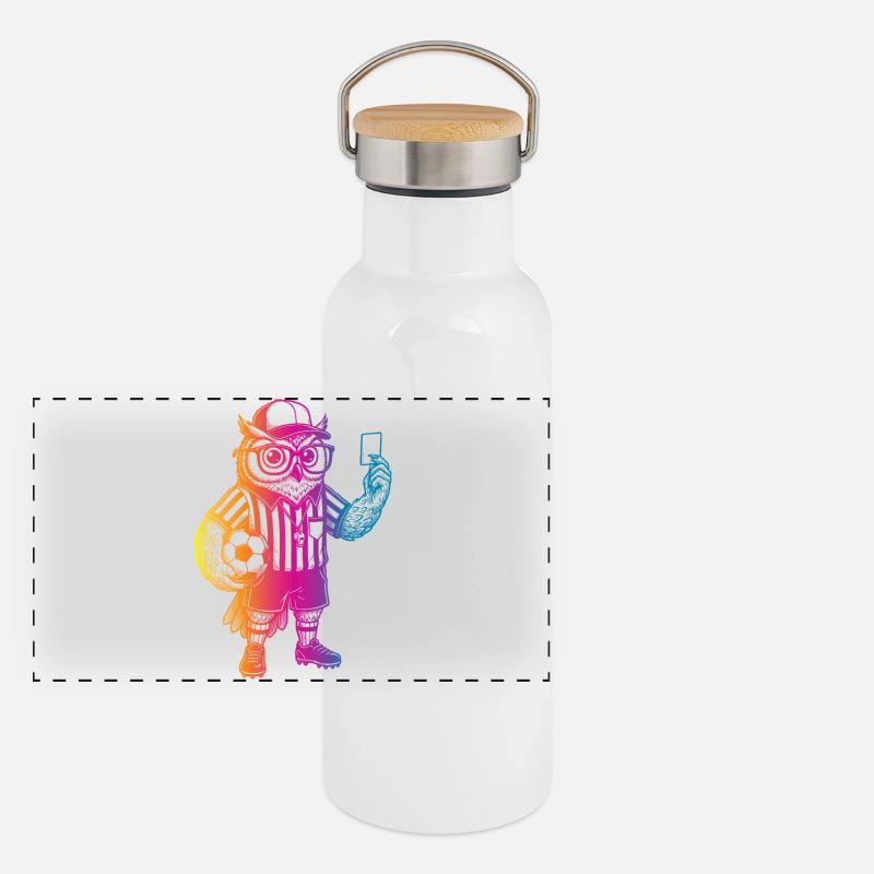 Fußball Eule Panorama Thermosflasche mit Bambusdeckel