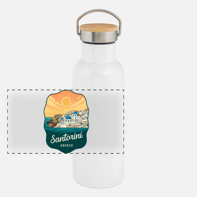 Santorini Blue Domes Retro Sunset Badge - Panoramic Thermal Bottle with Bamboo Lid - white