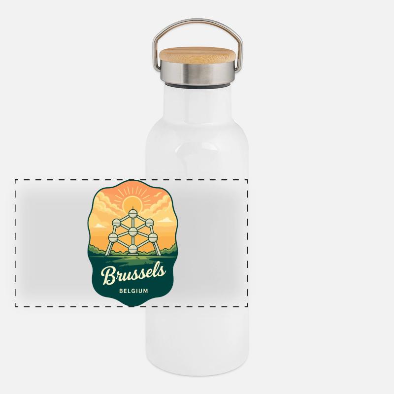 Brussels Atomium Vintage Sunset Reiseabzeichen Panorama Thermosflasche mit Bambusdeckel