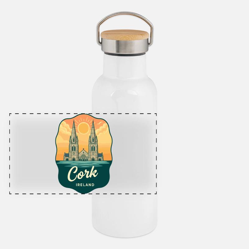 Cork Ireland Retro Sonnenuntergangs-Reiseabzeichen Panorama Thermosflasche mit Bambusdeckel