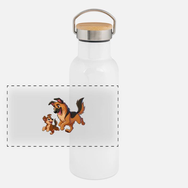 Deutscher Schäferhund Mutter mit Kind beim Herumtollen Panorama Thermosflasche mit Bambusdeckel