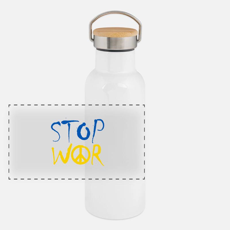 STOP WAR with Peace Sign Peace Symbol – Ukraine Panoramic Thermal Bottle with Bamboo Lid