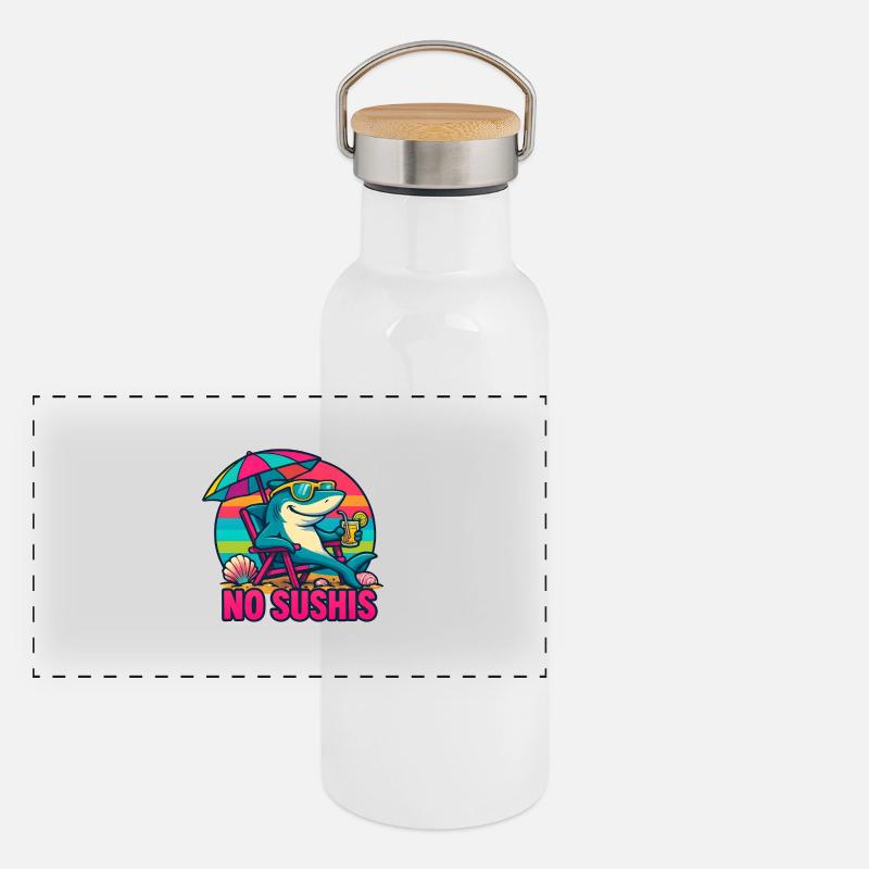 Hai am Strand in No Worries Cool Mode Panorama Thermosflasche mit Bambusdeckel