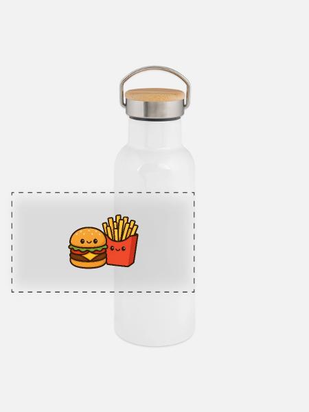 Kawaii Burger & Fries Duo - Gourde isotherme avec bouchon en bambou - blanc - Devant