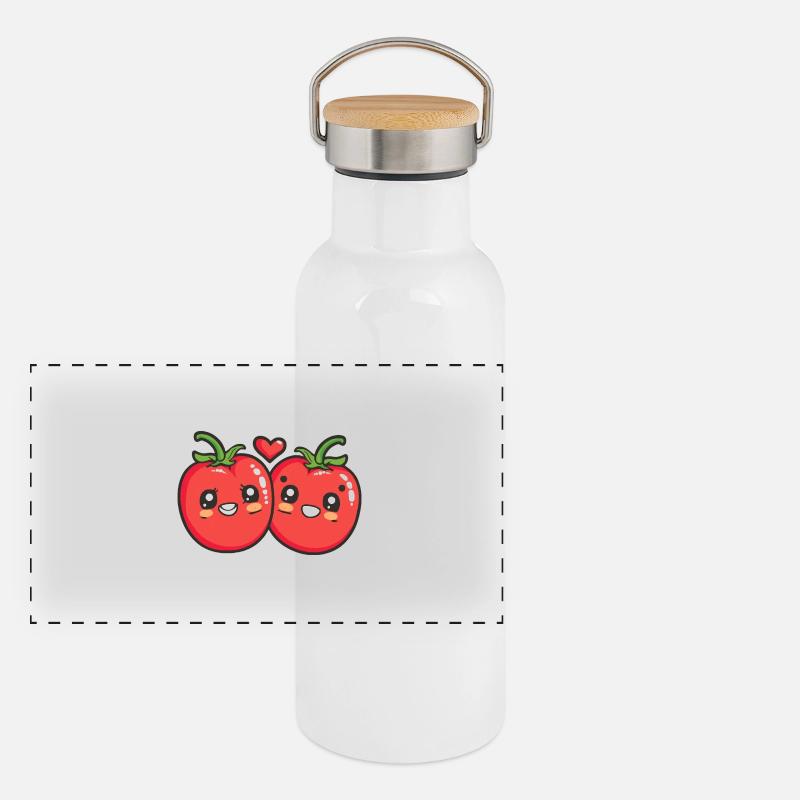 Tomate Paar Liebe Herz Comic Panorama Thermosflasche mit Bambusdeckel
