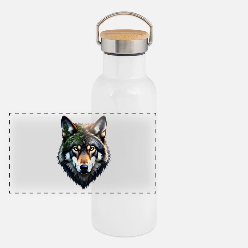Wolf Kopf Panorama Thermosflasche mit Bambusdeckel