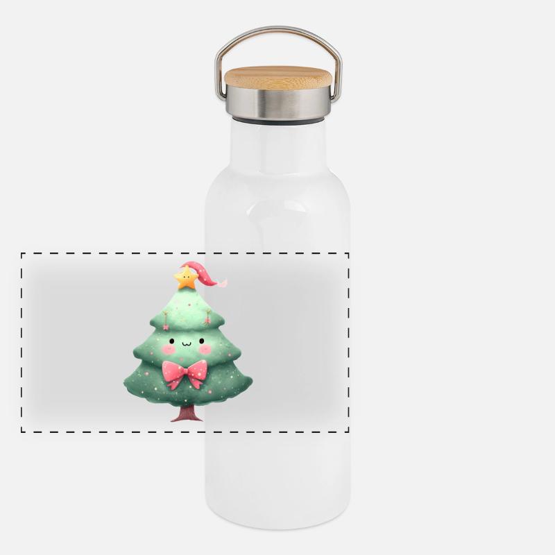 Cute Christmas tree with hat and bow Panoramic Thermal Bottle with Bamboo Lid