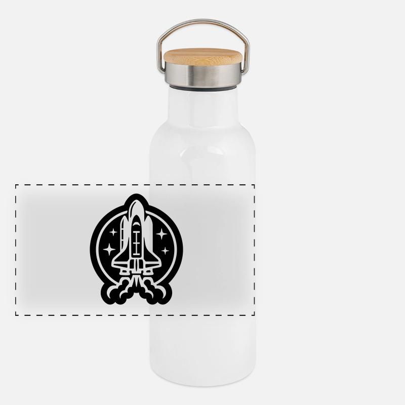 Icône du logo de lancement de la navette spatiale. Décollage. fusée Gourde isotherme avec bouchon en bambou