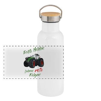 Echte Helden fahren rote Felgen! Traktor Spruch - Panorama Thermosflasche mit Bambusdeckel - Weiß - Vorne