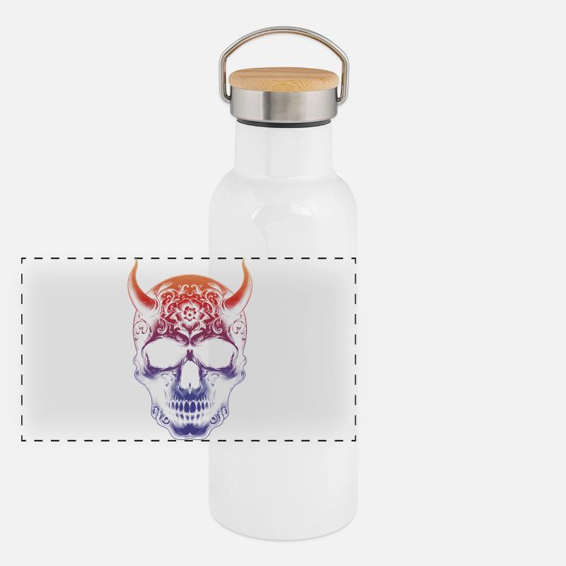 Totenkopf mit Hörnern Panorama Thermosflasche mit Bambusdeckel