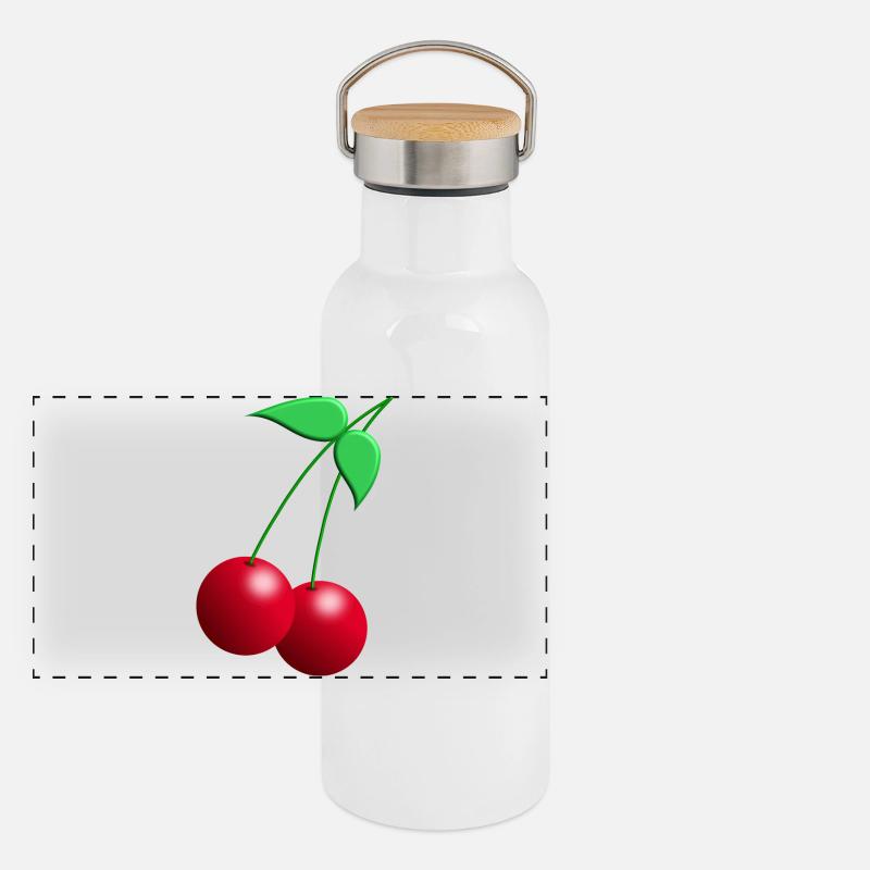 Zwillings Kirschen mit Blättern Panorama Thermosflasche mit Bambusdeckel