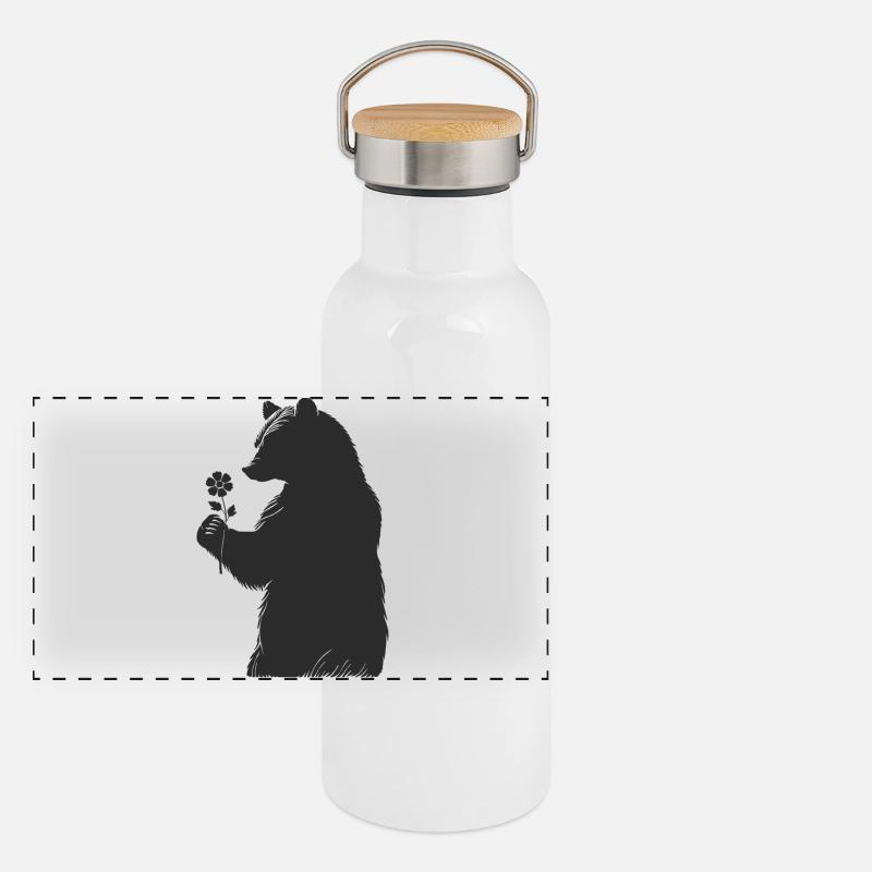 Ours doux avec fleur dans le style de la main - silhouette Gourde isotherme avec bouchon en bambou