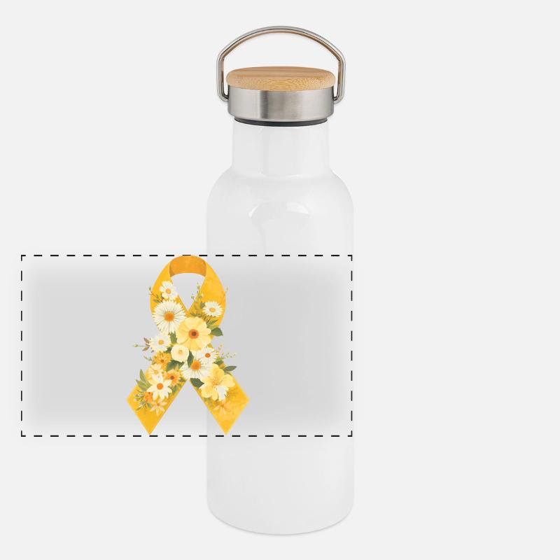 Ruban jaune pour l’endométriose avec motif de fleurs Gourde isotherme avec bouchon en bambou