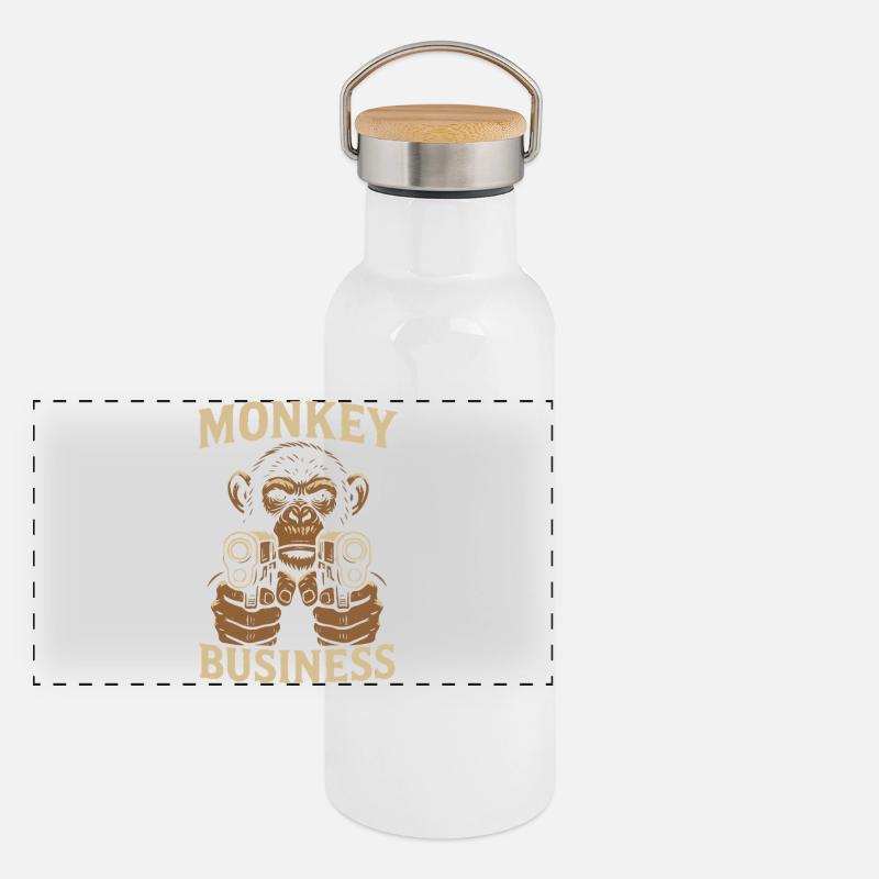 Affe mit Monkey Business Gun Panorama Thermosflasche mit Bambusdeckel
