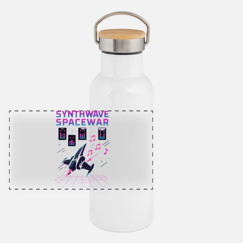 SYNTHWAVE SPACEWAR Retro Neon 80er Jahre Raumschiff Panorama Thermosflasche mit Bambusdeckel