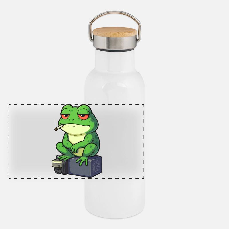 Frosch Entspann dich mit einer Zigarette Panorama Thermosflasche mit Bambusdeckel