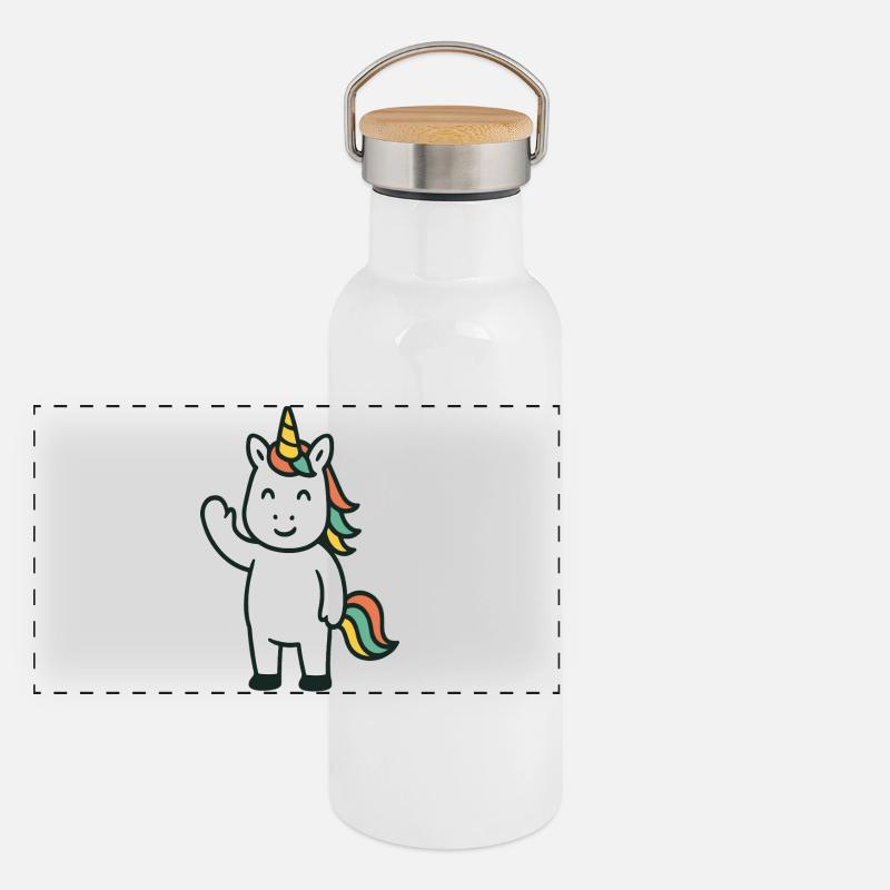 Niedliches Winkendes Einhorn mit buntem Mähnen-Maskottchen Panorama Thermosflasche mit Bambusdeckel