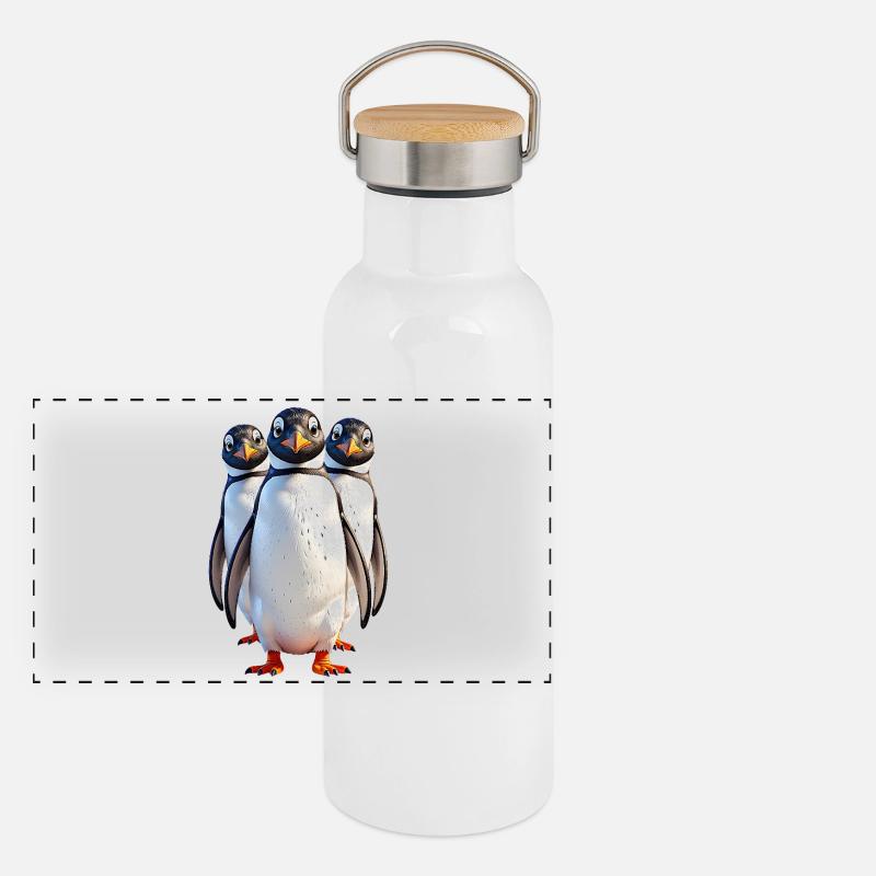 Pinguin - Panorama Thermosflasche mit Bambusdeckel - Weiß