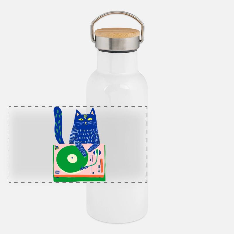 Blue Cat DJ auf Whimsical Plattenspieler Panorama Thermosflasche mit Bambusdeckel