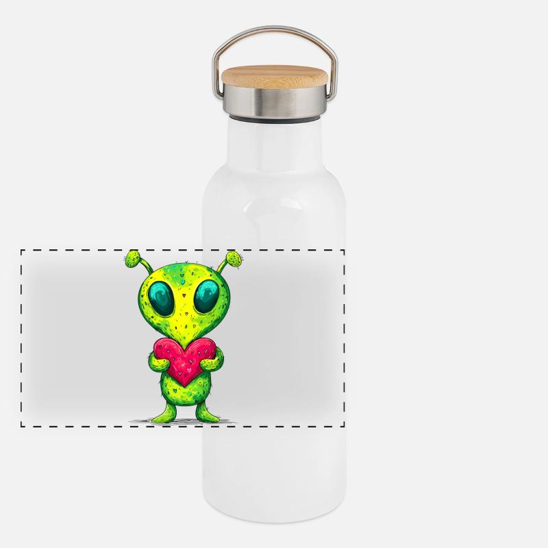 Alien mit Herz Panorama Thermosflasche mit Bambusdeckel