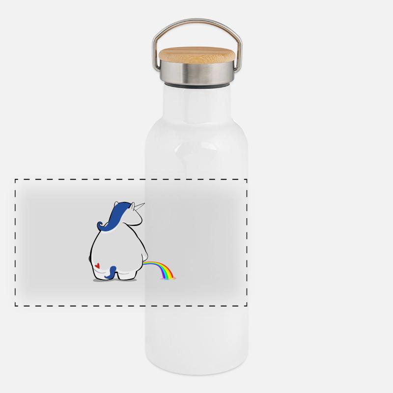 Regenbogen pinkelndes Einhorn Panorama Thermosflasche mit Bambusdeckel
