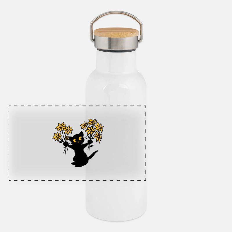 Die Katze mit Blumen Panorama Thermosflasche mit Bambusdeckel
