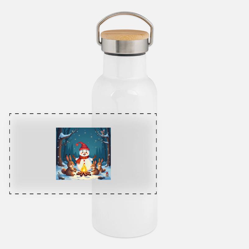 Snowman and forest animals at the campfire – Cozy - Panoramic Thermal Bottle with Bamboo Lid - white
