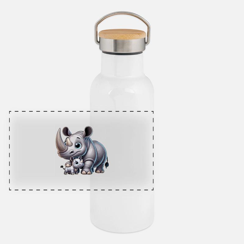 Nashornmutter mit Kind Panorama Thermosflasche mit Bambusdeckel