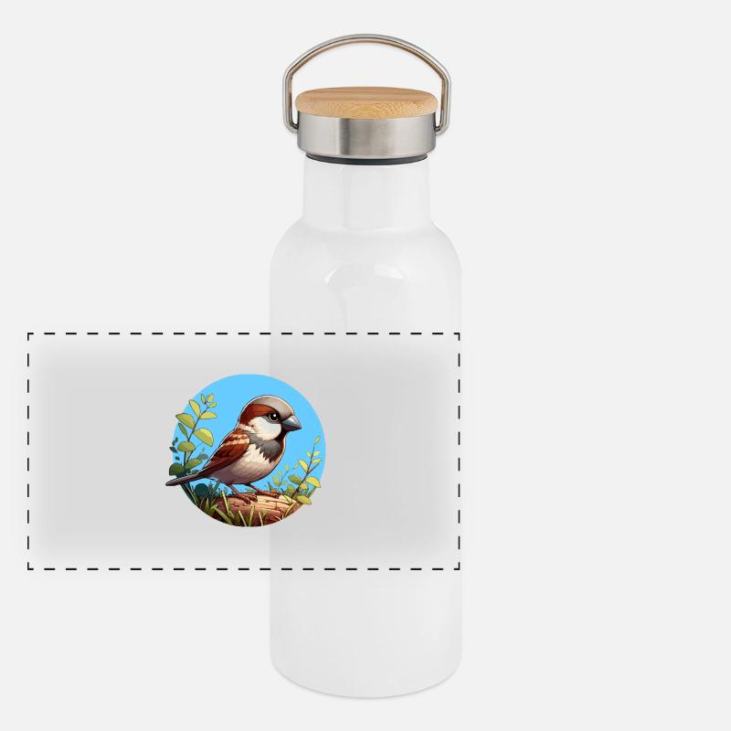 Sparrow on a branch Panoramic Thermal Bottle with Bamboo Lid