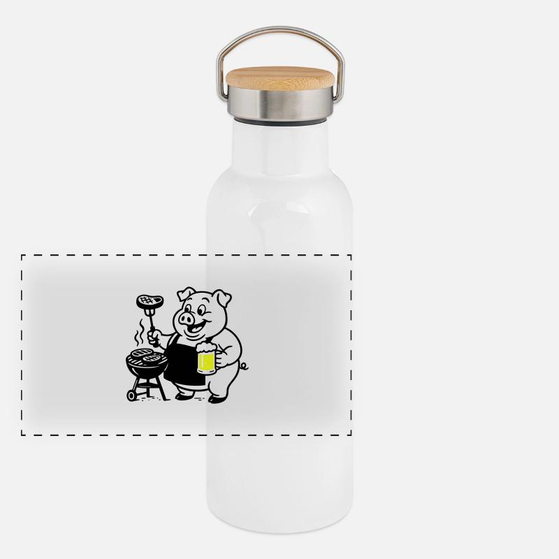 Schwein Grillen Bier Panorama Thermosflasche mit Bambusdeckel