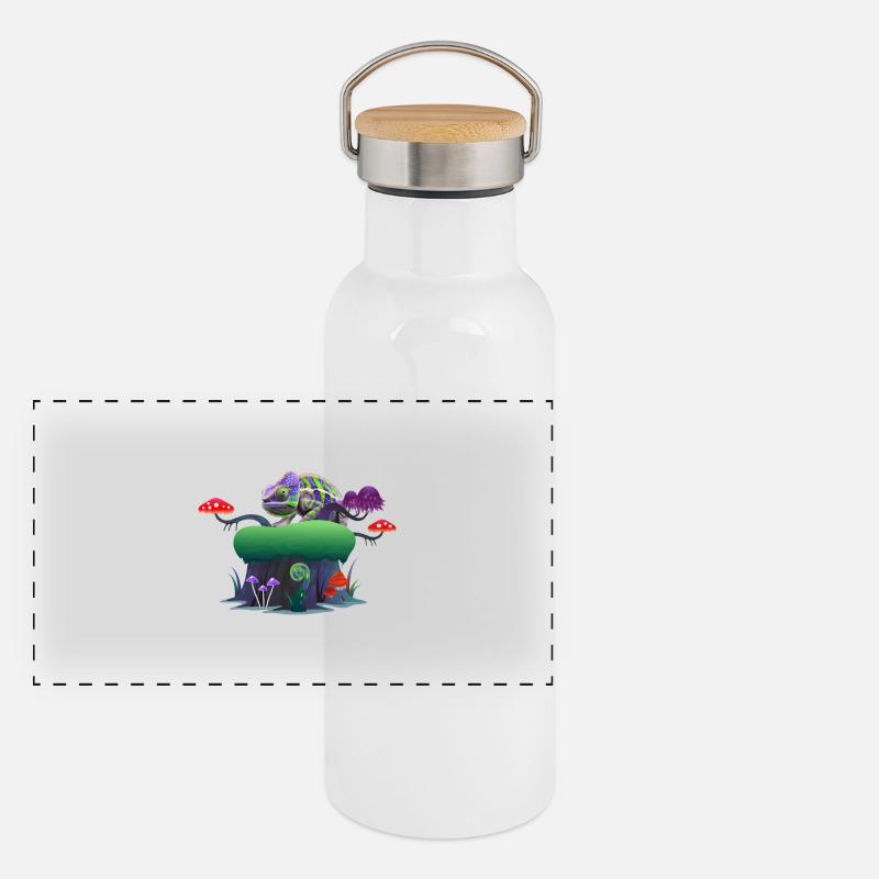 Neon Chameleon on Mushroom Rock - Panoramic Thermal Bottle with Bamboo Lid - white