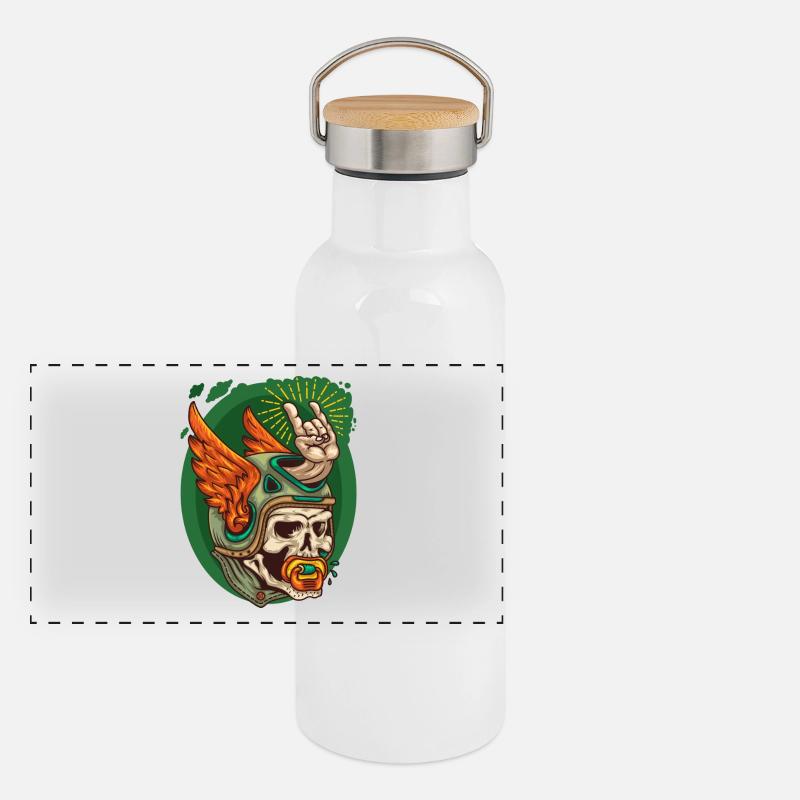Totenkopf mit Helm und Schnuller Panorama Thermosflasche mit Bambusdeckel