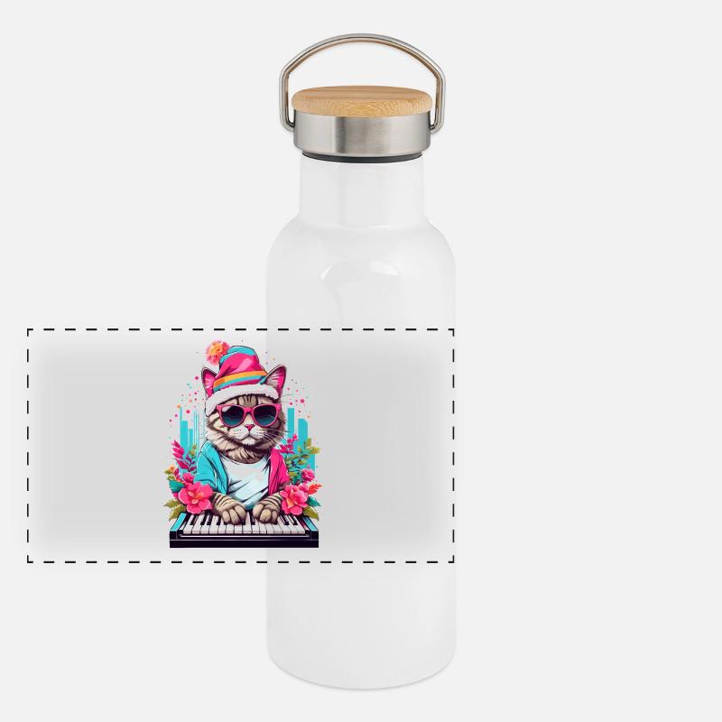 Süße Katze mit Piano Panorama Thermosflasche mit Bambusdeckel