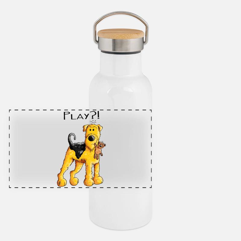 Play Airedale Terrier mit Teddy - Comic - Fun Panorama Thermosflasche mit Bambusdeckel
