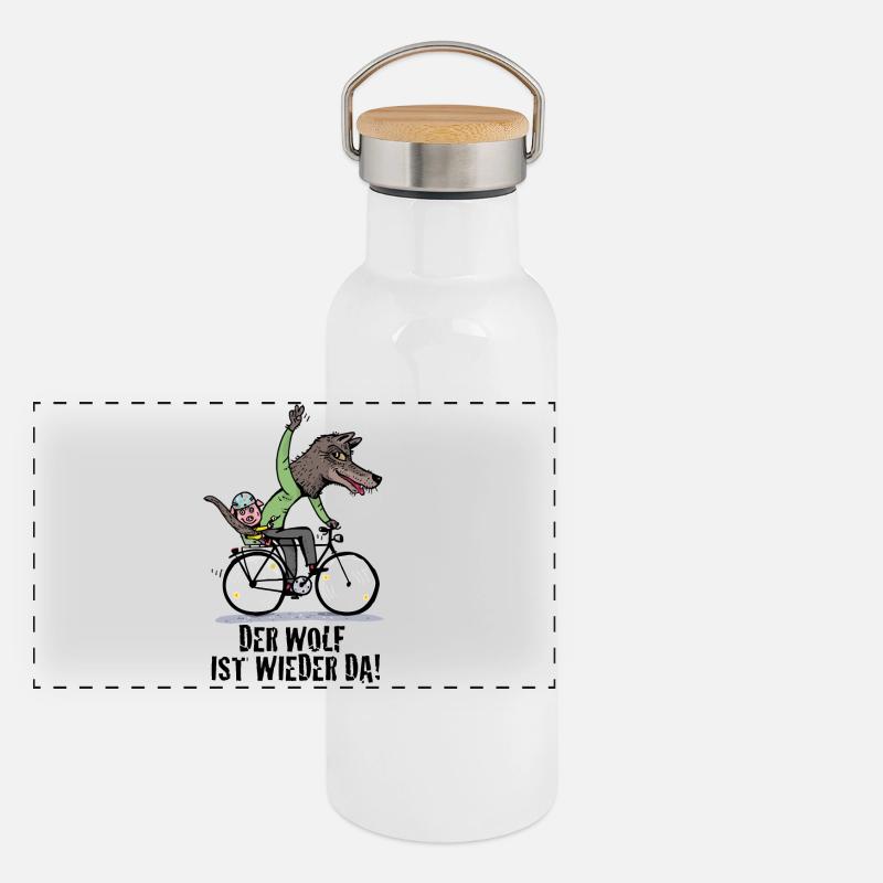 Wolfradfahrer Abenteuer Panorama Thermosflasche mit Bambusdeckel