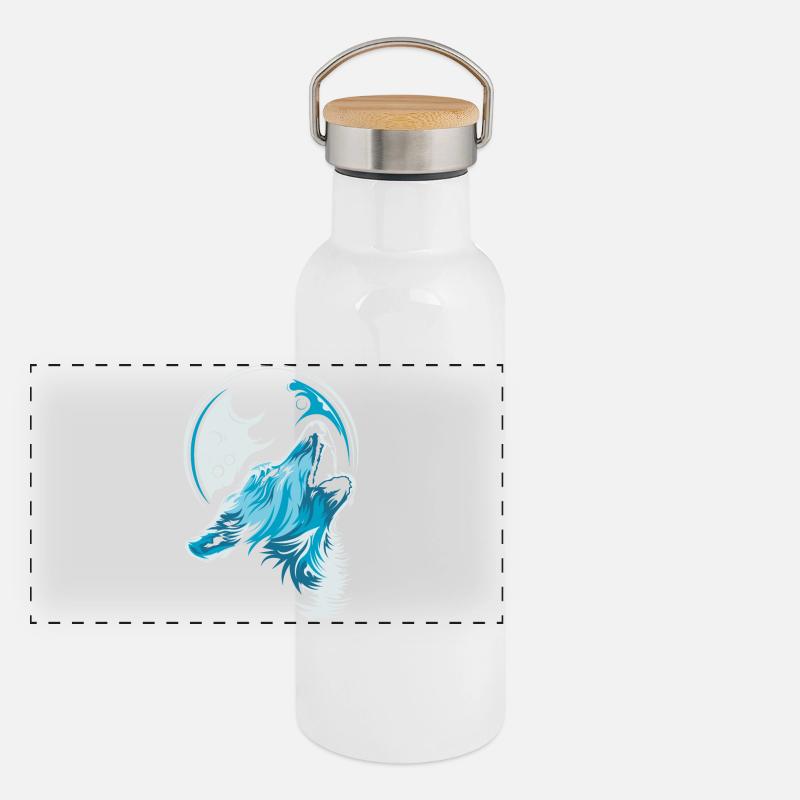 blue wolf moon howl illustration forest animals Panoramic Thermal Bottle with Bamboo Lid