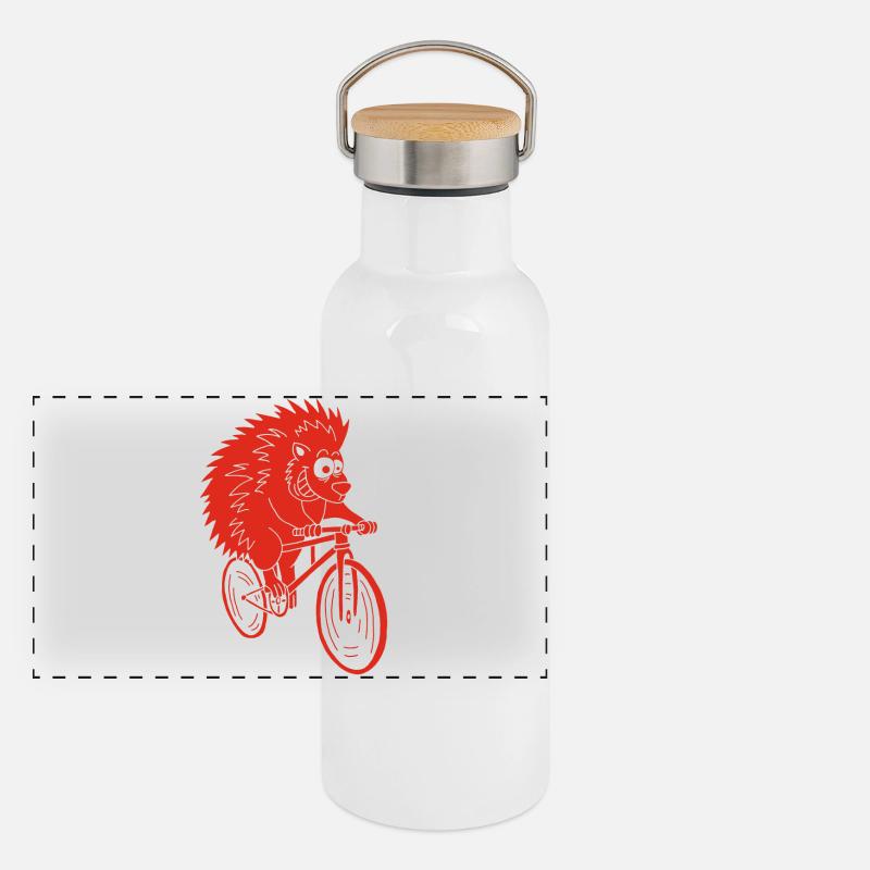 Roter Igel auf dem Fahrrad Panorama Thermosflasche mit Bambusdeckel