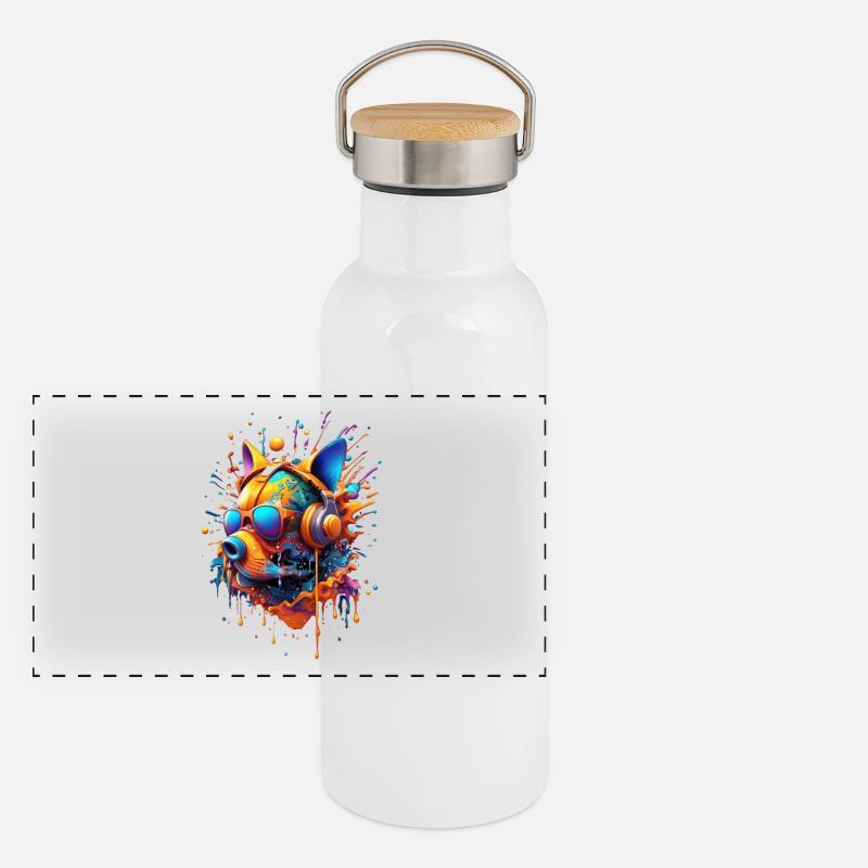 Stylized Futuristic Dog Head Molosser Type - Panoramic Thermal Bottle with Bamboo Lid - white