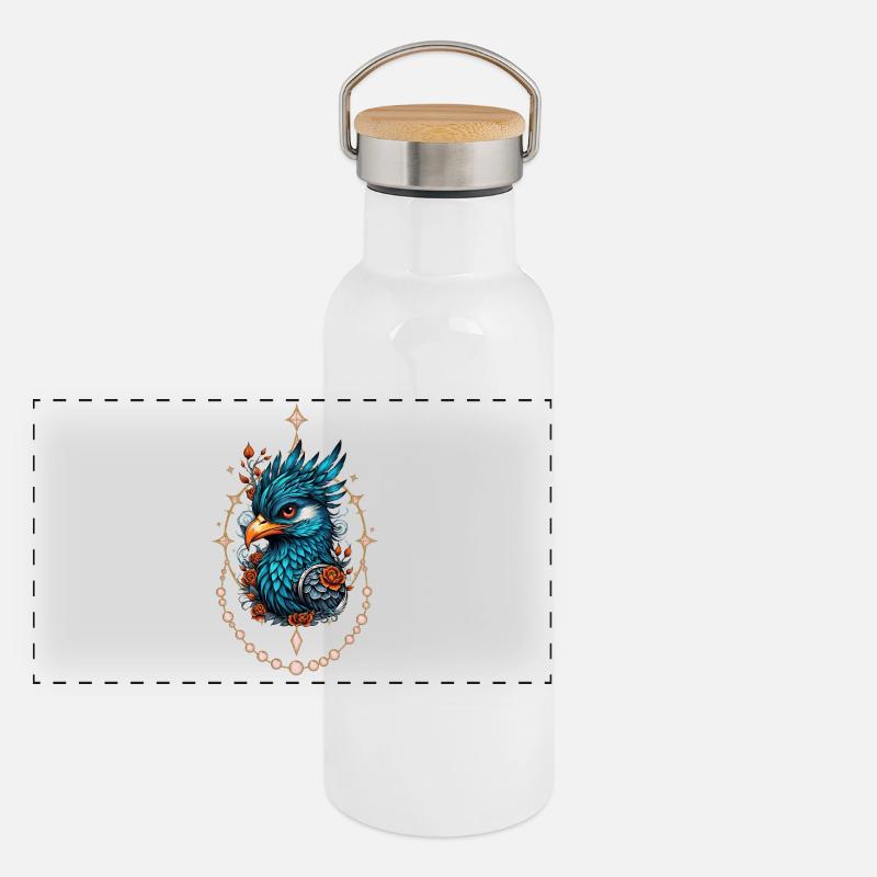 Charmant et majestueux oiseau bleu. Gourde isotherme avec bouchon en bambou