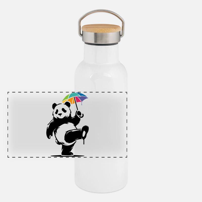Tanzender Panda mit Regenbogenschirm Panorama Thermosflasche mit Bambusdeckel
