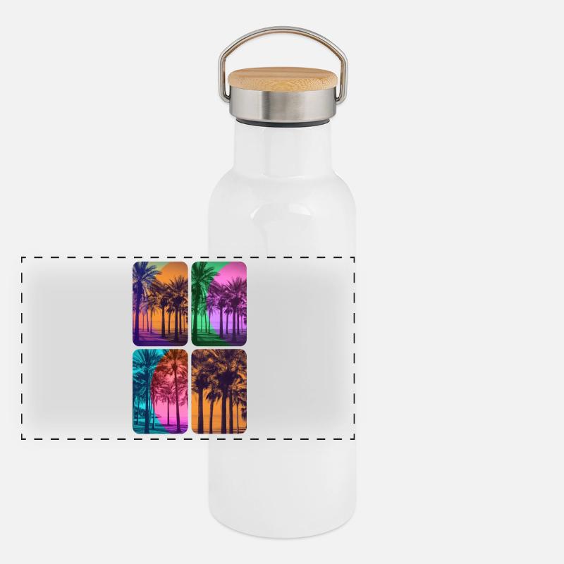 Plage plamiers couleurs coucher de soleil Gourde isotherme avec bouchon en bambou